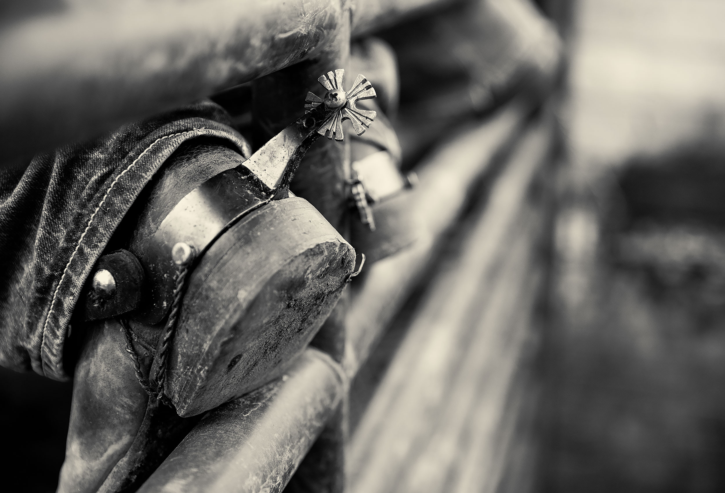 Black and white image of a detail of a cowboy boot and spur